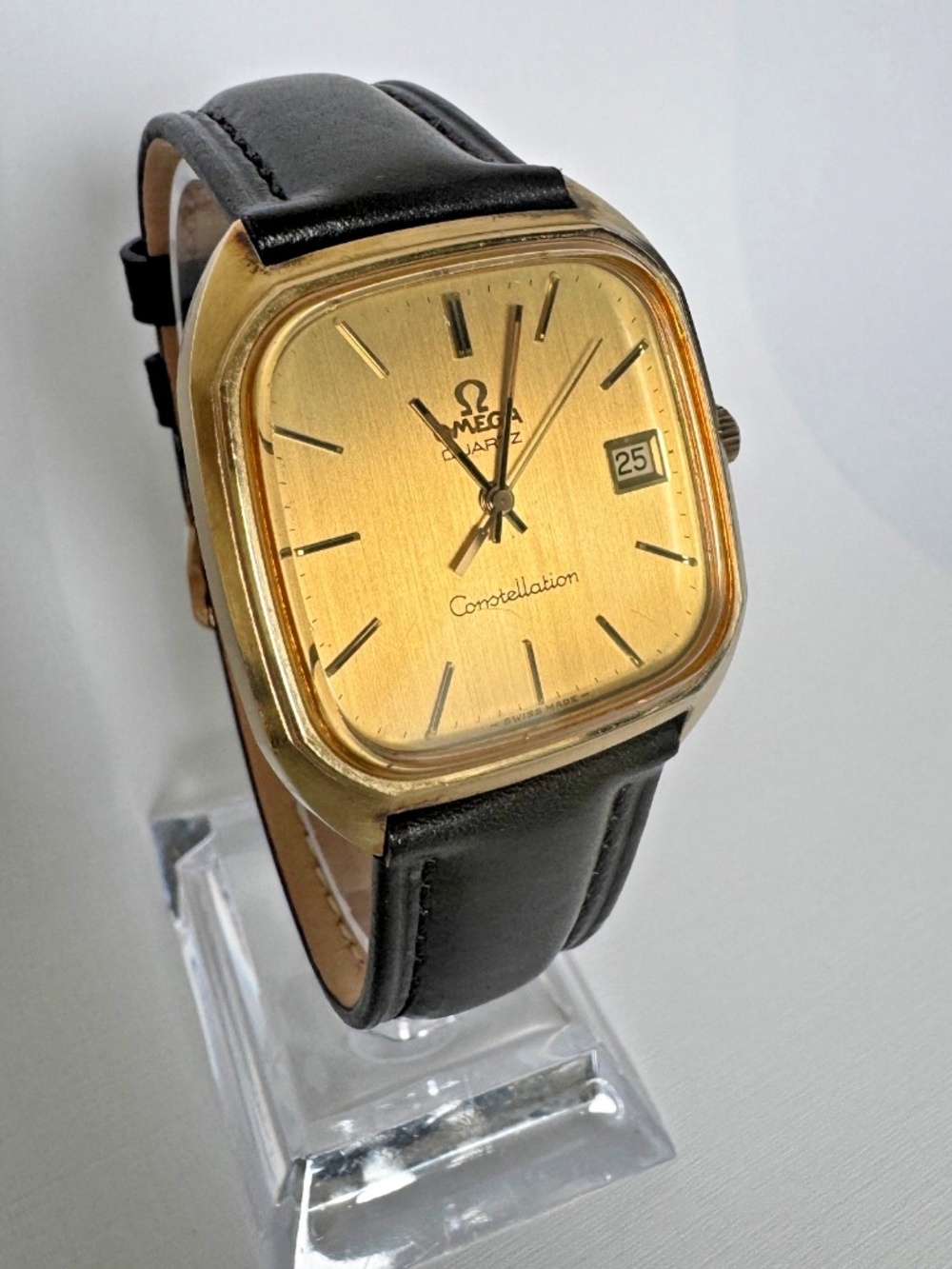 Omega Constellation Quartz Men's 10k Gold Roman Tank Watch, 1976, new Omega band